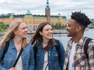 Um grupo de estudantes fazendo uma faculdade fora em inglÊs na cidade de Estocolmo